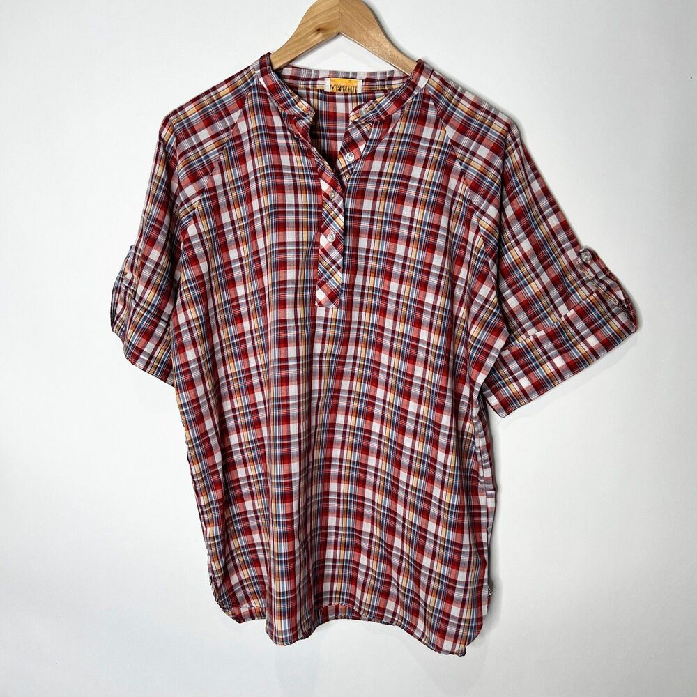 Vintage Oak Hill Plaid Blouse Short Sleeve 1/4 Button Up Red White Women's L XL